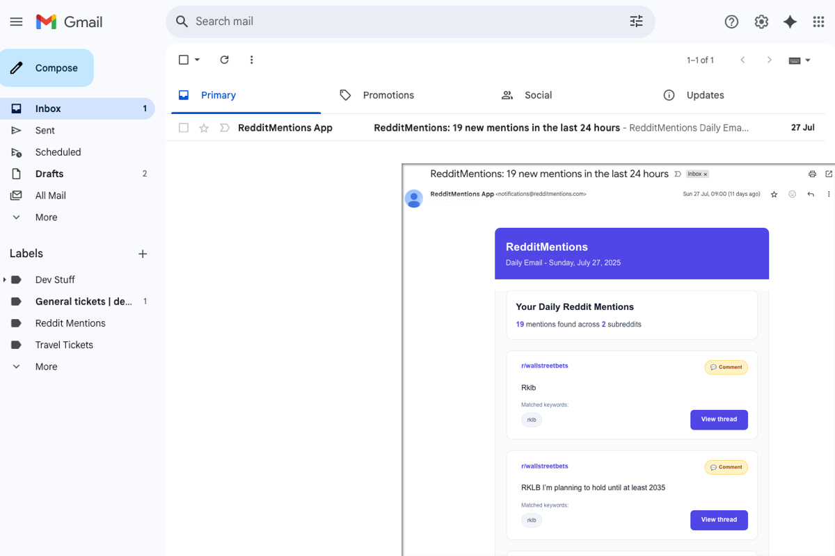Example of a RedditMentions customer research alert email showing genuine customer feedback and pain points