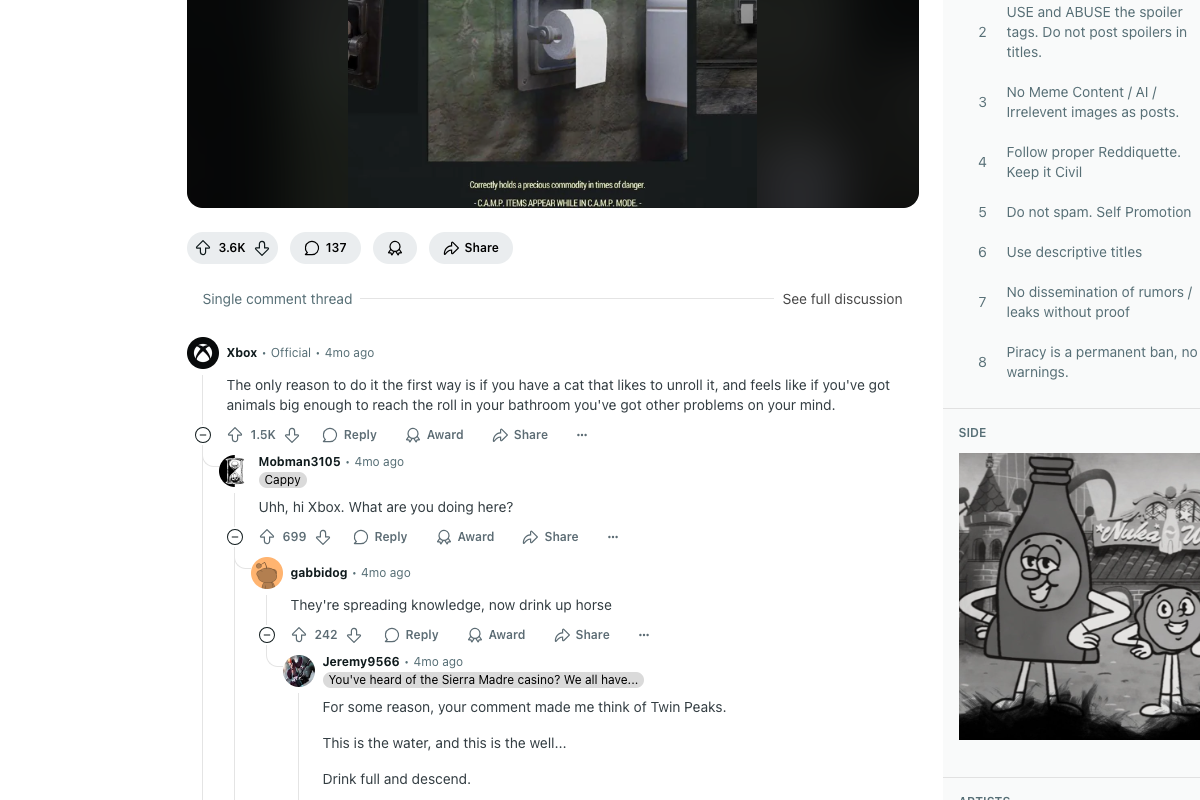 Xbox's authentic Reddit engagement in a Fallout subreddit discussion about toilet paper hanging