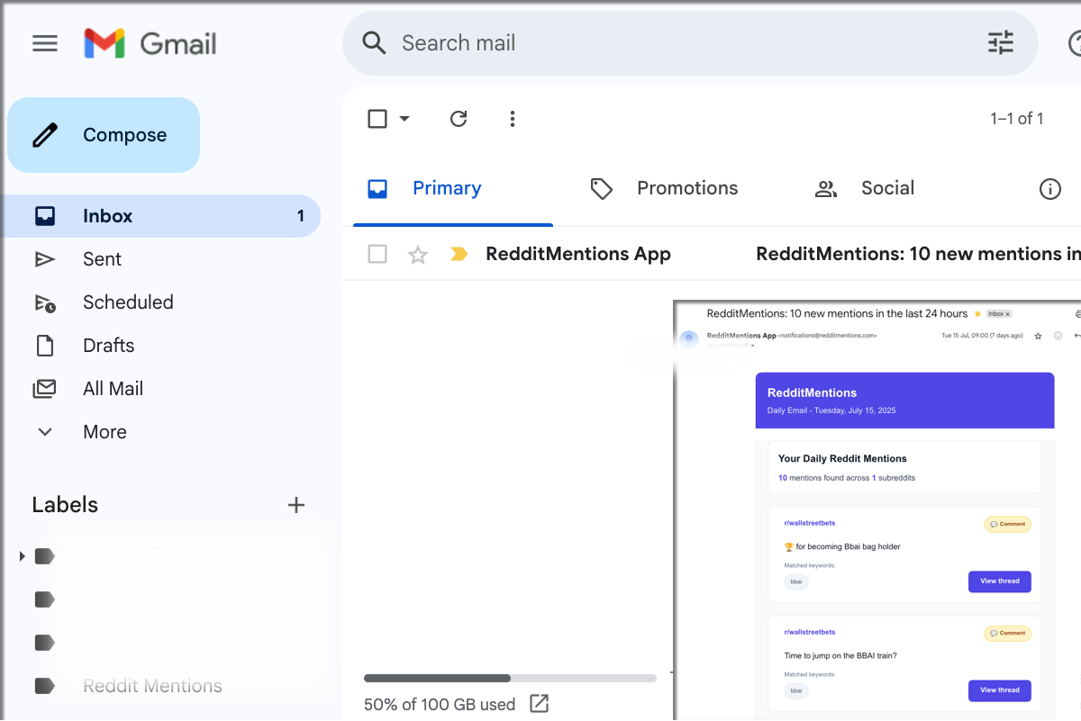 Example of a RedditMentions daily email notification in an inbox
