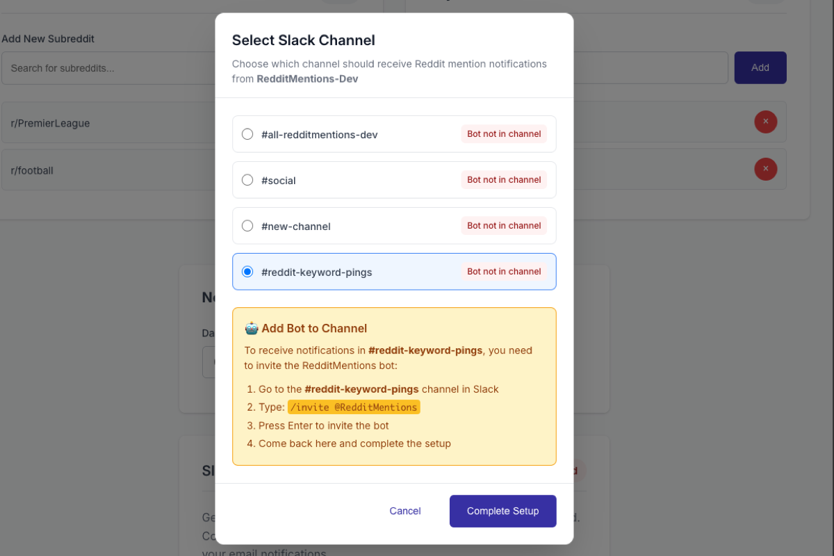 Slack integration setup interface showing OAuth connection and channel selection
