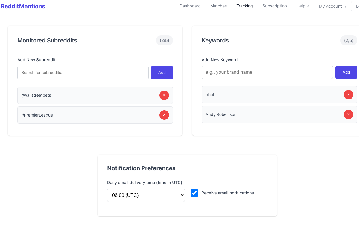 RedditMentions keyword configuration interface