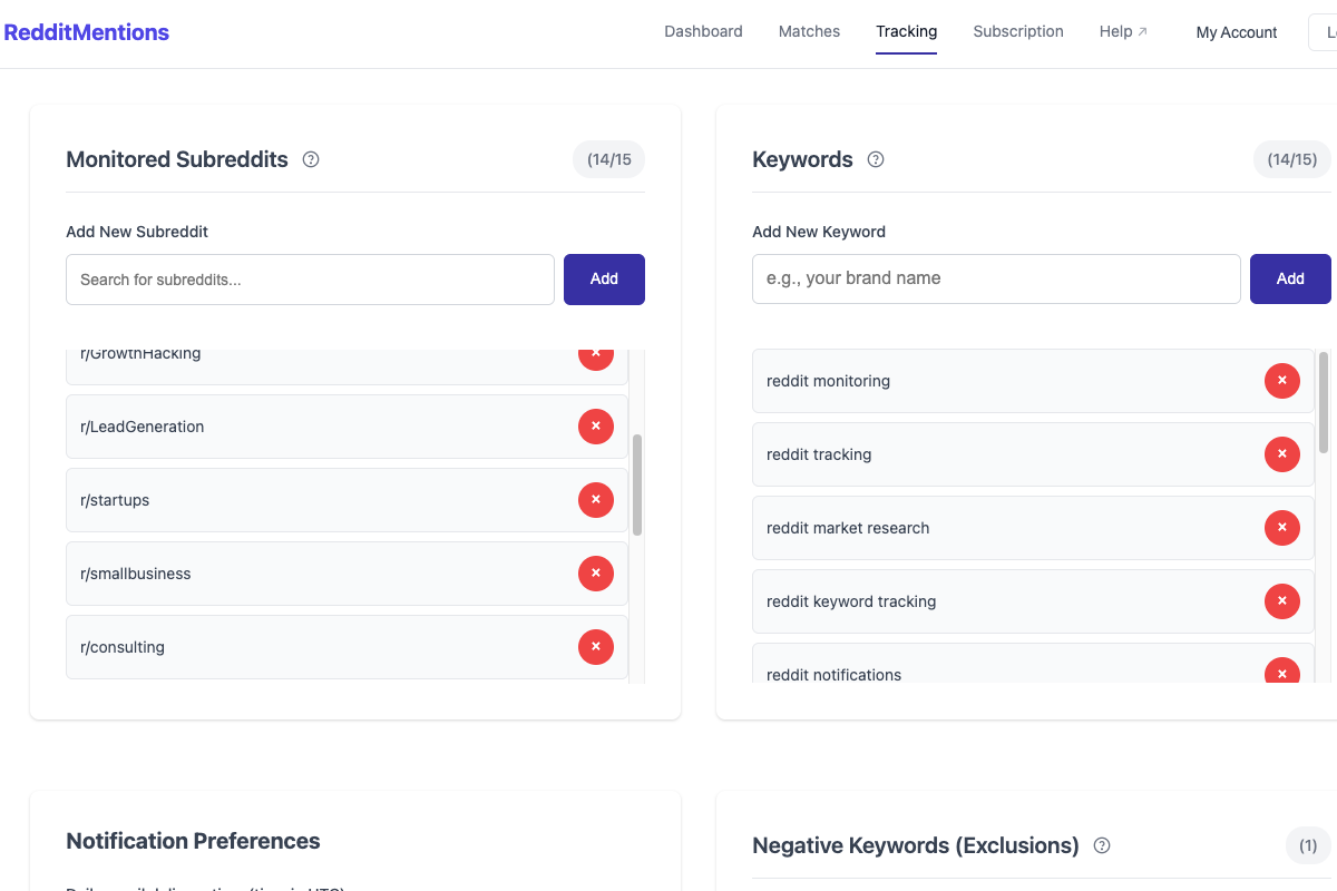 Setting up Reddit keyword and subreddit tracking in RedditMentions