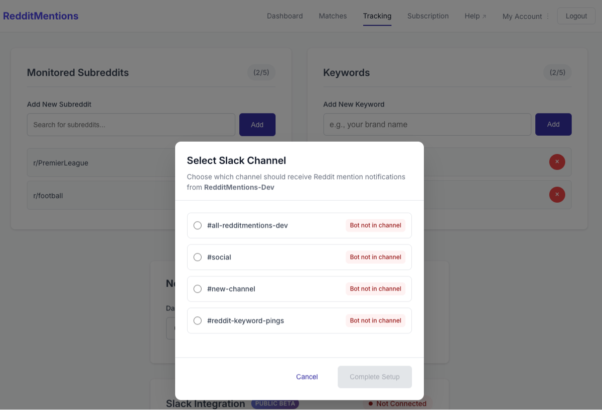 Channel selection interface showing available Slack channels