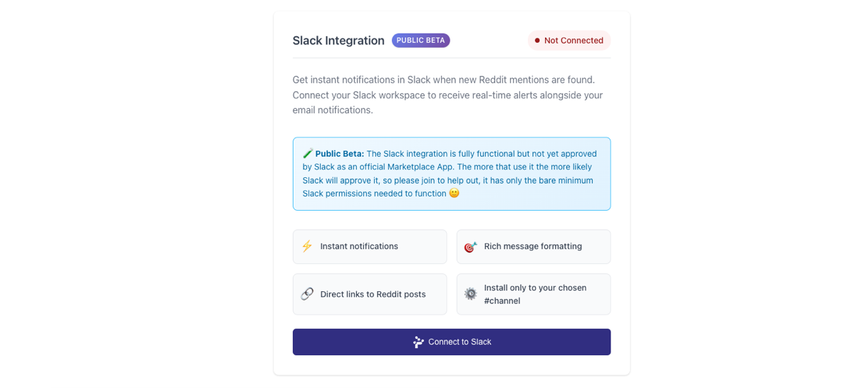 Slack integration section showing the Connect to Slack button and benefits
