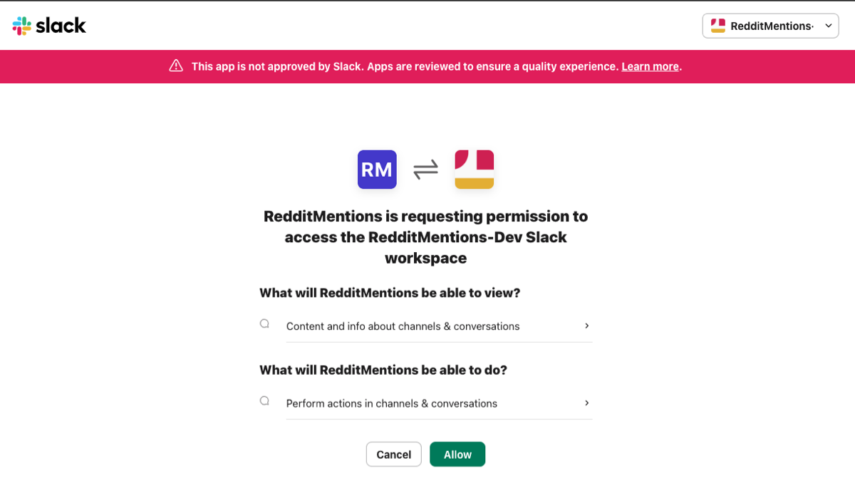 Slack OAuth authorisation page showing RedditMentions app permissions