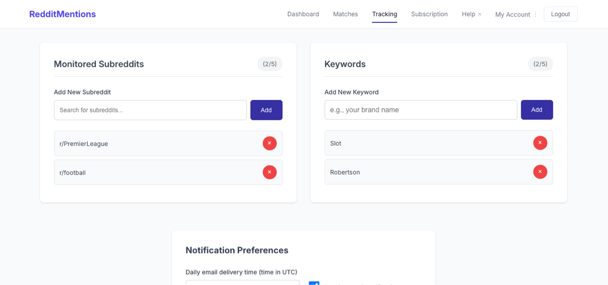 RedditMentions tracking page showing keyword monitoring settings and Slack integration section